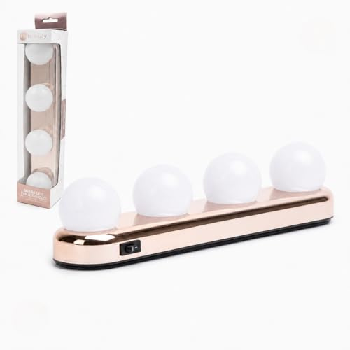 HI BEAUTY! Barra LED per Trucco con Ventose –4 Lampadine con Luce LED Naturale – Portatile e Senza Fili – Interruttore ON/OFF – Facile da Applicare su Specchi e Superfici – 30 x 6,5 x 6 cm