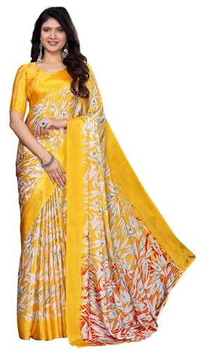 IMTRA FASHION Bedruckter Indischer Chiffon Sari Für Damen Mit Ungesäumter Bluse – Gelb