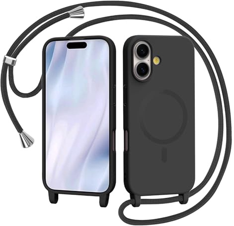 AOMYKE Handyband für iPhone 17 Hülle mit Band, Magnetisch Handyhülle kompatibel mit Magsafe zum Umhängen Schutzhülle mit Kette Kordel Weich TPU Silikon Case，Schwarz