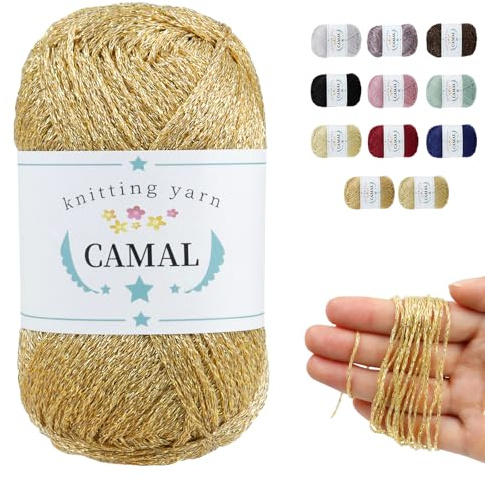 CAMAL Glitzer Häkelgarn Dünn 1mm x 300m Metallic Garn zum Häkeln, 50g Polyester Farbiges Strickgarn zum Häkeln Stoff, Puppen, Glänzendes Spitzen-Strickgarn Zubehör (Gold)