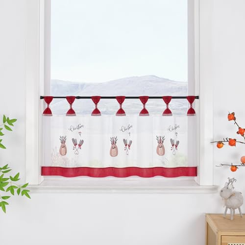 SCHOAL Scheibengardine Weihnachten Transparent Scheibenvorhang Bestickt Gardine mit Rentiere und Handschuhe 1 Stück HxB 30x90 Weiß