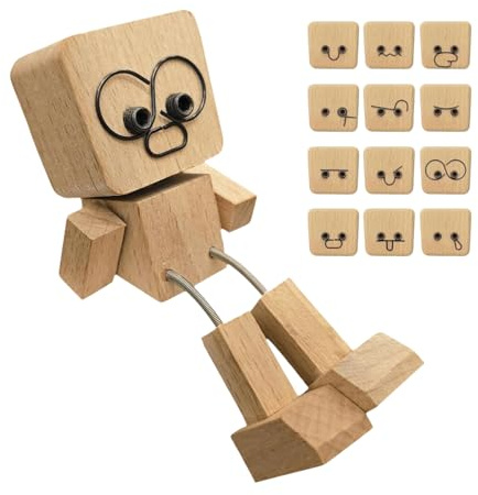 HORREX Figurine d'homme en Boi Vacillant avec Comprend 12 Expressions Magnétiques, Decoration Voiture, Figurine Amusante en Bois Qui Secoue Les Pieds, Décoration de Bureau pour Voiture, Bureau, Salon