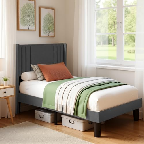 Blishom Lit capitonné 90x200 cm, Cadre de Lits avec tête de lit et sommier à Lattes, en Tissu Solide, Cadre de lit rembourré, pour Adolescent et Chambre d'amis, Gris Foncé