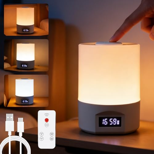 Aohcae Lampada da comodino touch dimmerabile, luce notturna a LED, 3 colori di luce, lampada da tavolo senza fili, con orologio digitale, timer e telecomando, luce notturna per camera da letto