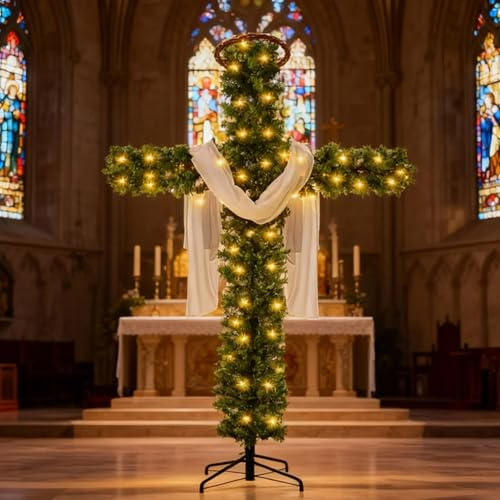 Vikbar julgran med kors – 1,5 m (5/6 fot) med vit sidkrona och LED-lampor, stora juldekorationer för hem och kyrka