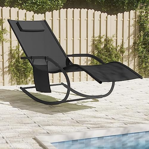 Ziaphsol Schaukelliege Schwarz, pulverbeschichteter Stahl, Textilene Netzstoff, 147x63x88cm, ergonomisch, mit Kopfstütze und Seitentasche, für Garten, Terrasse, Pool
