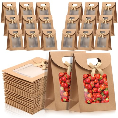 Goshoppers 36x Kraftpapier kleine Geschenktüten mit durchsichtigem Fenster | Faltbare Papiertüten mit Griff & Klettverschluss, 16x12x6cm, Geschenkverpackung Geburtstag, für Pralinen, Kekse & Süßigkeiten