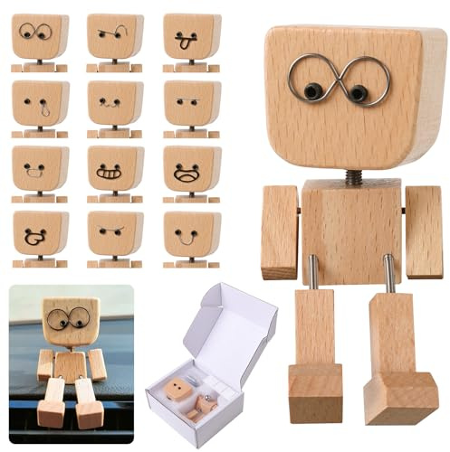 RAINBOW WSK Shaking Wooden Man Figurine with 12 Magnetic Expressions,Handmade Shaken Feet Wood Doll,Little Wooden Man with Spring Legs for Driven Rocking Decor,Car Dashboard, Office Desk Mutou- (D)
