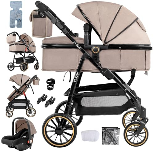 Oubeauou Baby Travel System 3 en 1 con moisés antivibraciones, cochecito convertible y capazo de bebé, alta visión, absorción de golpes, marco de aluminio, para nacimiento a 36 meses (caqui)