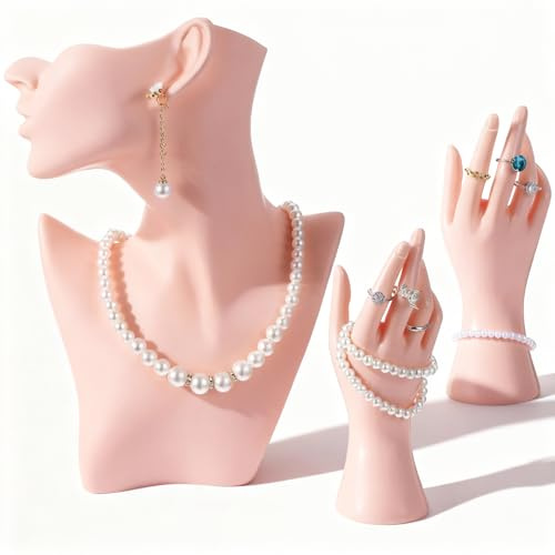 moheaaei 3 Pcs Jewelry Mannequin Display Set Including Boutique Bust Holder and 2 Hand Ring Holder Necklace Stand Display Earring Organizer for Bracelets Pendant Selling Show (Skin Color)