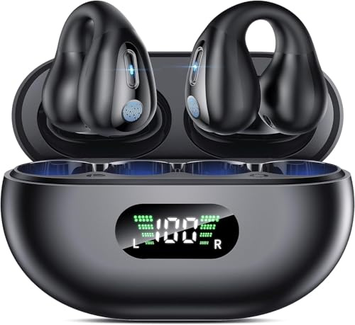 Boytond Open Ear Clip Wireless Earbuds Bluetooth 5.3, Sports Earphones Built-in Microphone with Earhooks & Ear Hook, Wireless Charging Case & Display, Waterproof Fitness Headphones for Sports,Black