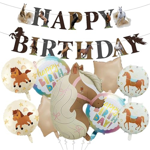 Pferde Geburtstag Luftballon Set, 10 Stück Pferde Geburtstagsdeko Ballon, Happy Birthday Banner XXL Pferd Folienballon Partydeko Stall Tierballon, Geschenk zum Geburtstag Dekoration