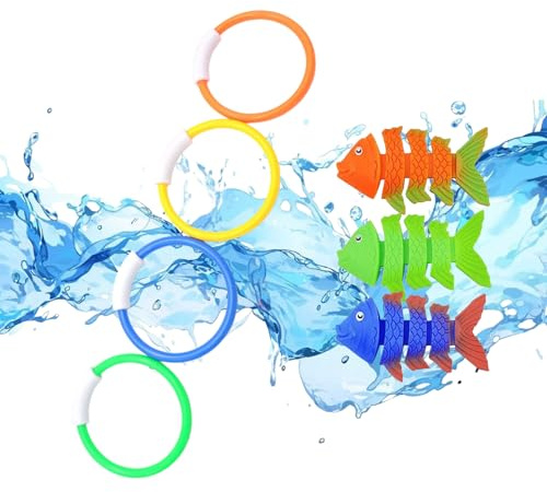 Miayical Unterwasser Tauchring Set,Tauchringe für Kinder,Pool Tauchspielzeug für Kinder,4 Tauchringe,3 Tauchfische,Unterwasser Tauchbecken Spielzeugset für Jungen Mädchen im Alter von 3-12 Jahren