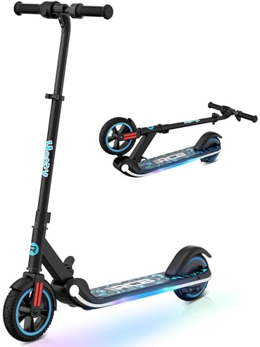 RCB Patinete Eléctrico para Niños 6-12 Años, 150W Motor - Máx.16 Km/h - Luz LED Arcoíris - Plegable - Pantalla LED - Velocidad y Altura Ajustables, Regalo para niños (Negro)