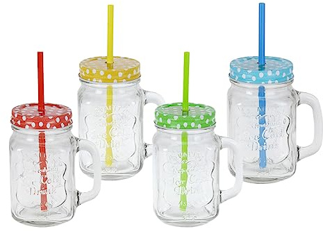 Spetebo Trinkgläser mit Deckel und Strohhalm - 4er Set - Vintage Gläser mit Henkel - 480 ml - Glas - Deckelgläser Gläserset mit Schraubdeckel für Wasser Limonade Longdrinks Cocktails