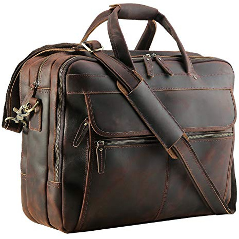 Polare 18'' Thick Full Grain Leather Fit 17.3 Laptop Business Briefcase Work Bag Overnight Bag For Men