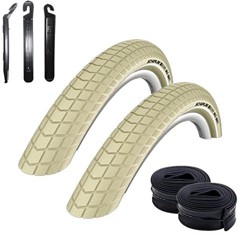 2 x Schwalbe Big Ben Fahrradreifen Fahrradmantel mit Reflex in Creme 55-559 (26 x 2.15) + 2 Schwalbe Schläuche SV13 inkl. 3 Reifenheber