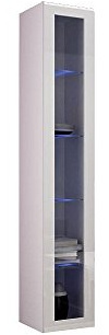 Hängevitrine Vigo Vitrine Vitrinenschrank Hängeschrank Wandvitrine Wandschrank mit 1 Tür Schrank Wohnzimmerschrank Grifflose, Push to open (Weiß/Weiß Hochglanz, Mit Blauer LED Beleuchtung)
