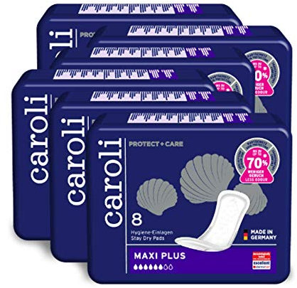 Caroli® Protect + Care Hygiene-Einlagen für Frauen, Maxi Plus, Vorteilspack (6 x 8 Stück), hautfreundlich und angenehm an der Haut, für Blasenschwäche, Inkontinenz-Einlagen für Tag und Nacht