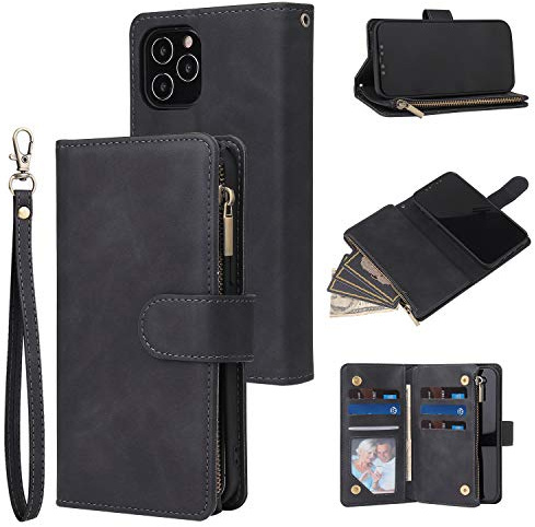 QLTYPRI Case for iPhone 13, Large Capacity Leather Wallet Case 6 Card Holder & 1 Zipper Pocket Kickstand Wrist Strap Magnetic Case for iPhone 13 - Black