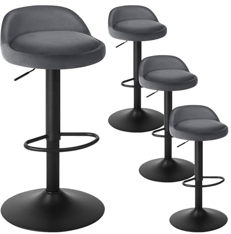 EUGAD Barhocker 4er Set 360° Drehstuhl Barstuhl mit Rückenlehne Fußstütze 150kg belastbar höhenverstellbar (62-84cm) Samt Metall Dunkelgrau 0823BY-4