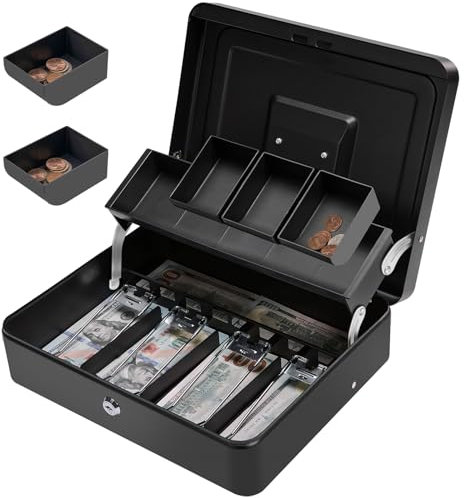 Sgorlds Large Locking Cash Box with Key Lock and Money Tray, Money Box with Cash Tray, Lock Safe Box for Office Business (Matte Black Side-Key)