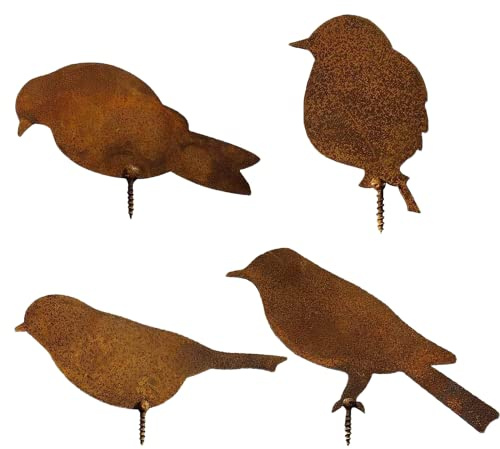 Cosswe Gartenstecker Rost Deko,4 Stück Rostiges Vögel Metall Edelrost Metall Gartendeko Rostoptik mit Schraubgewinde,Metal Gartenstecker Vogel Stecker Baumstecker für Holz Zaunfiguren Gartendeko
