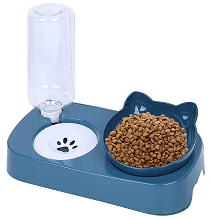 Cdemiy Cat Bowl, 15°Tilted Cat Bowl with Gravity Water bottle, Non-Slip Raised Cat bowl, Kitten Food Bowls Wet and Dry Food Feeding, for Small and Medium Pets Cats Puppies (Blue)