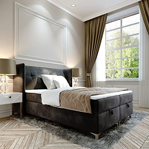 FURNISTAR Boxspringbett Doppelbett LIND - 140x200cm Bett mit Bonellmatratze, mit Bettkasten für Bettwäsche und Topper. EIN Bett mit einem klassischen, konturierten Kopfteil (Velvet 97, 140x200)