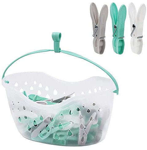 pegs it 36 Plastic Clothes Pegs with Peg Basket for Washing Line with Hanger WeatherResistant Bucket with Drainage Holes | Convenient Laundry Hanging Solution, Aqua Blue, Grey, 12 x 24 x 12 cm