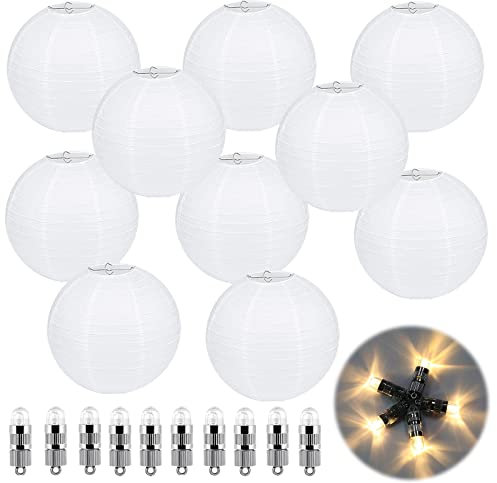 Paper Lantern, 10PCS Paper Lanterns Hanging Decorations Round White with Wire Ribbing and Lights Paper Lampshades for Garden Birthday Party Family Gathering Patios Decor, 20CM