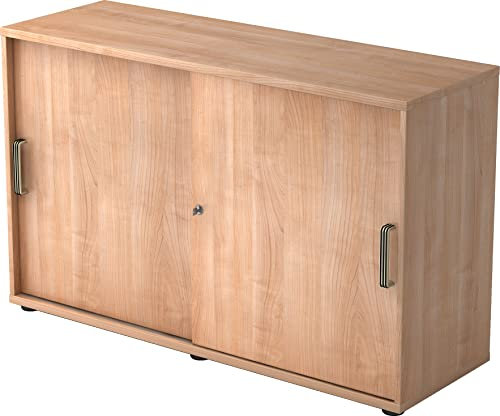 bümö Schiebetürenschrank 2OH - Aktenschrank abschließbar, Sideboard Schrank mit Schiebetüren in Nussbaum, Streifengriff - Büroschrank aus Holz mit Schiebetür, Büro Kommode für Ordner & Co.