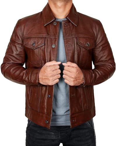 Giacca da camionista in vera pelle da uomo - Giacca in pelle con colletto a camicia stile western cowboy alla moda, Marrone, M