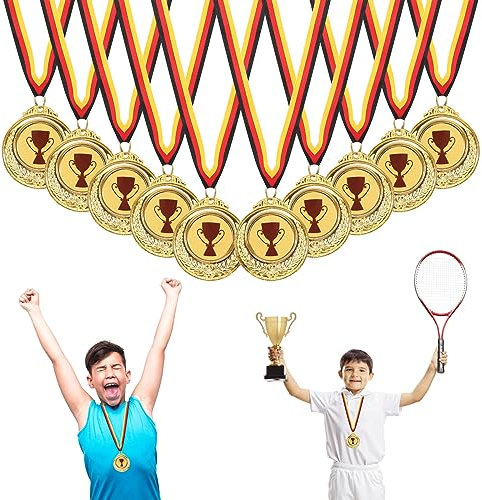 prota Medaille mit Gravur, Trophäen Muster Goldmedaille mit Metall Gravur für Kinder und Erwachsene - 12 Stück mit schwarz rot goldenen Bändern
