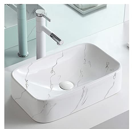 Lavabo sobre Encimera Lavabo sobre encimera de cerámica Blanca, Fregadero de baño con Textura de mármol, Fregadero de Recipiente de cerámica Rectangular de 18,9 X11,6 for gabinete de tocador Baño Pi
