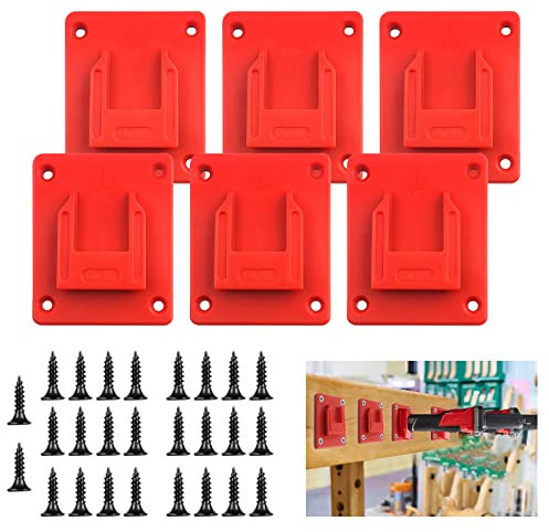 6 Packs Tool Holder for Milwaukee M18 18V Tools Wall Mount Storage Rack Drill Tools Fixing Bracket on Wall Bench with Screws (RED)