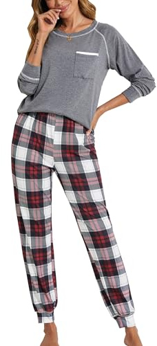 Ekouaer Pyjama Femme Ensemble à Manches Longues Coton - Top Col Rond et Pantalon à Carreaux 2 Pièces Hiver