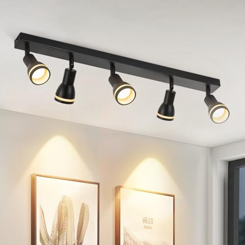 Deckenstrahler 5 Flammig Schwarz GU10 Deckenlampe für Wohnzimmer Schwenkbar | LED Deckenleuchte Metall Deckenspot 187° drehbar Modern Spotlight für Wohnzimmer Küche Büro, Ohne Leuchtmittel