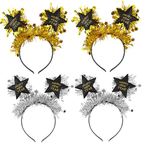 4 Stück Happy New Year Haarreifen, 2025 Haarreif Silvester, Neujahr Party Stirnband, Glitzer Stern Silber Gold Silvester Haarband Zubehör, Happy New Year Haarschmuck für Erwachsene und Kinder