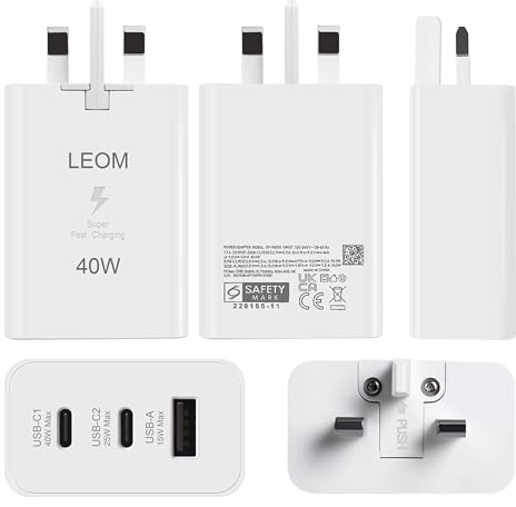 LEOM C Type USB Super Fast Charger 40W, 3-Port PD GaN USB C Charger, 2 x USB-C & 1 USB-A Ports, Compatible With All Smart Phone, Watch, All Models Iphones, Ipads, Tablets, Samsung & More