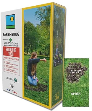 BARENBRUG - Soin Rebouche Trou - Solution 3-en-1 - Engrais Organique pour Nourrir Gazon - Support Végétal pour Optimiser Germination - Limite Apparition Mauvaises Herbes - Fabriqué en France - 3KG