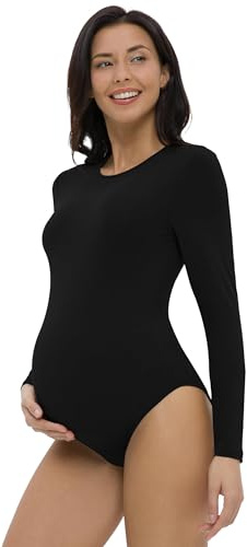 Gowjog Body de Grossesse à Manches Longues, Col Rond, Combinaison, Robes Vêtements Maternité Body de Maternité (Noir, L)