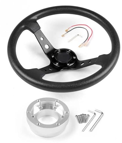 XUCZHAI Lenkrad 14 Zoll 350 mm PU-Leder-Autorennen-Lenkrad mit Adapterplatte 70 mm PCD FüR Rennen Motorsport Auto(Black with Silver)