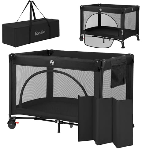 LIONELO Laura Resesäng och Lekhage 2-i-1 Hopfällbar (0–36 mån/upp till 15 kg), Kompakt 102x72 cm, Madrass och Transportväska Ingår, 2 Nivåer, Meshsidor, Sidoingång, Hjul med Broms, Svart