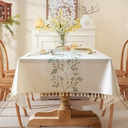Lifetooler Mantel Antimanchas Rectangular Algodón y Lino Impermeable Manteles de Mesa Elegante con Borla para Exterior Jardin,Cocina Decoracion Mesa Comedor(Blanco,140x140cm)