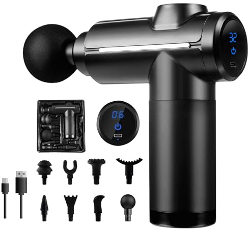 Pistolet de massage pour tissus profonds, masseur à percussion musculaire, 32 vitesses, avec écran tactile LCD, 8 têtes pour la relaxation des épaules, du corps, du dos, noir