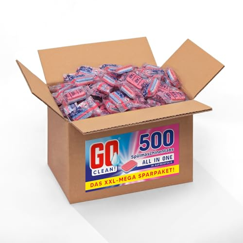 GO clean! Spülmaschinentabs All in One –10 kg ca. 500 Stück 20g, XXL-Sparpaket in Aufreißfolie mit starker Reinigungskraft gegen Schmutz und Fett