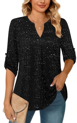 Siddhe Casual Bluse Damen, 3/4 Ärmel Lange Bluse Longbluse Longshirt für Alltag, Basic Elegante V-Ausschnitt Gläzende Oberteil Tunika, Schwarz L