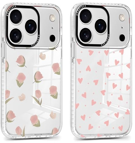 Xylota 2 st fodral för iP 17 Pro 6,3 tum, transparent Aesthetisk Teckning Blommor Hjärtan Flickor Kvinnor Fodral, Mjuk Ultratunn Silikon TPU Stötsäker Skyddshölje för iP 17 Pro, 17