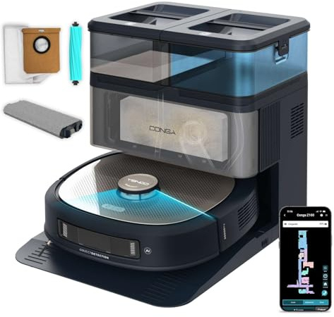 Cecotec Robot Aspirador y Friegasuelos con IA, Base Autovaciado y Tecnología Láser Conga Z100. 20000Pa, Fregado Profesional con Mopa Bimaterial XXL, Autovaciado Polvo, Agua y Limpieza de Mopas, App